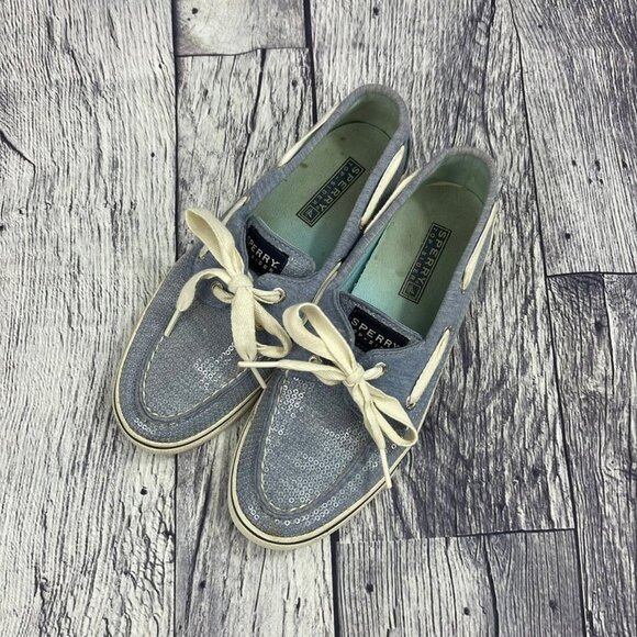Sperry Bahama 2 Eye Boat Shoes Women's size 6 Slip On Sneaker Blue Sequins Shiny - Picture 10 of 11